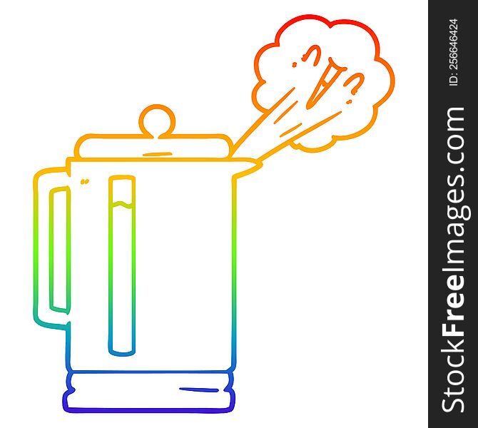 rainbow gradient line drawing of a cartoon electric kettle boiling