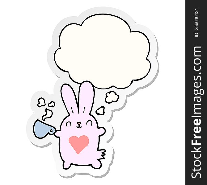 cute cartoon rabbit with love heart and coffee cup and thought bubble as a printed sticker