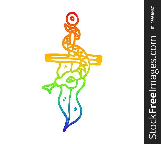 Rainbow Gradient Line Drawing Cartoon Dagger And Snake Tattoo