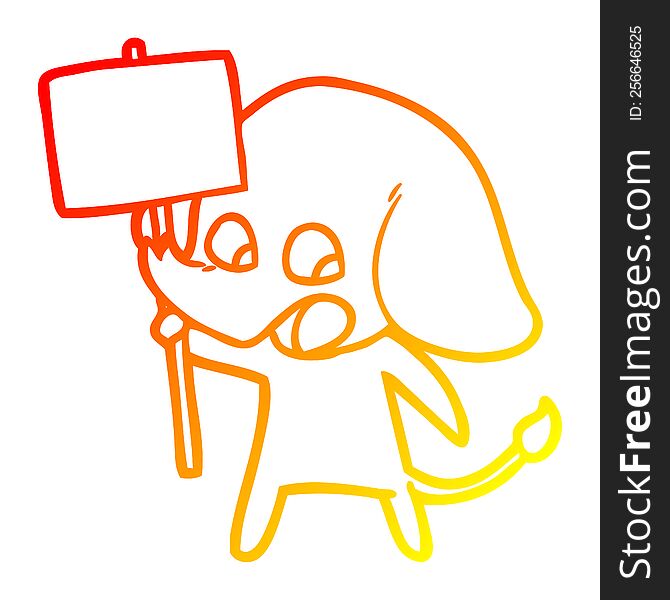 Warm Gradient Line Drawing Cute Cartoon Elephant Holding Placard