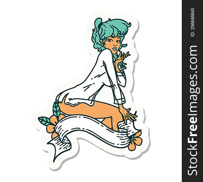 sticker of tattoo in traditional style of a pinup girl wearing a shirt with banner. sticker of tattoo in traditional style of a pinup girl wearing a shirt with banner