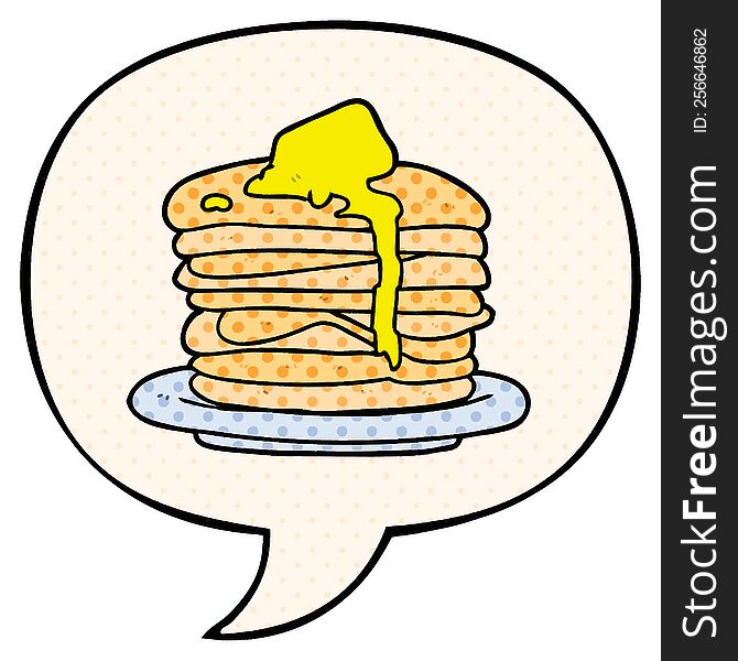 cartoon stack of pancakes with speech bubble in comic book style