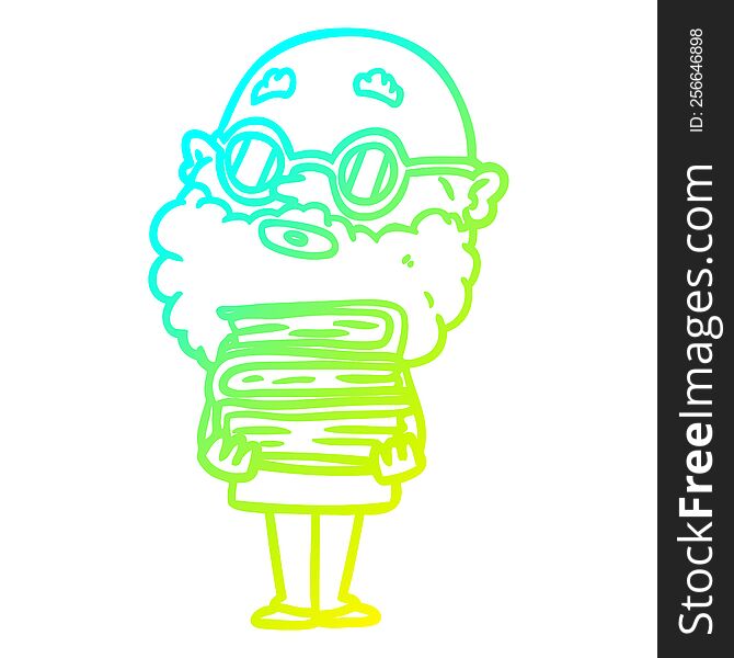 cold gradient line drawing of a cartoon curious man with beard and glasses