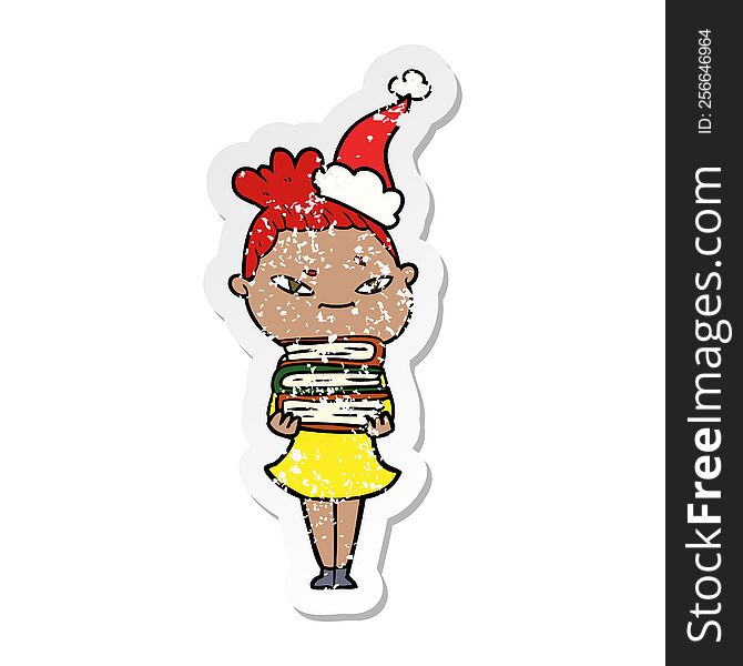 hand drawn distressed sticker cartoon of a woman wearing santa hat