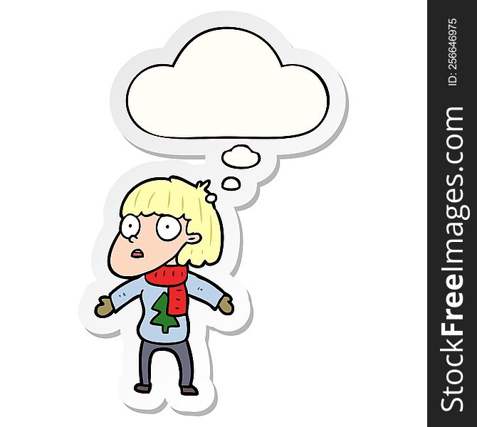 cartoon surprised christmas person with thought bubble as a printed sticker