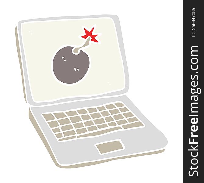 Flat Color Illustration Of A Cartoon Laptop Computer With Error Screen