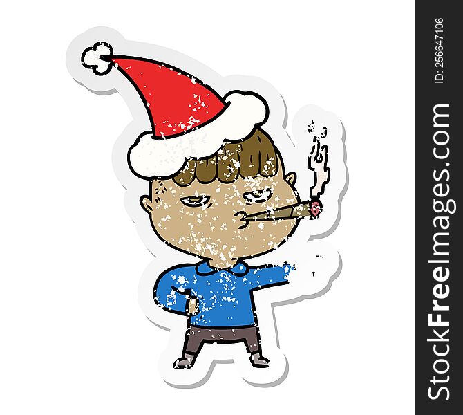 hand drawn distressed sticker cartoon of a man smoking wearing santa hat