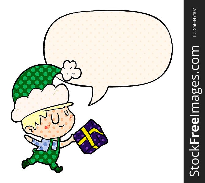 cartoon happy christmas elf with present with speech bubble in comic book style. cartoon happy christmas elf with present with speech bubble in comic book style