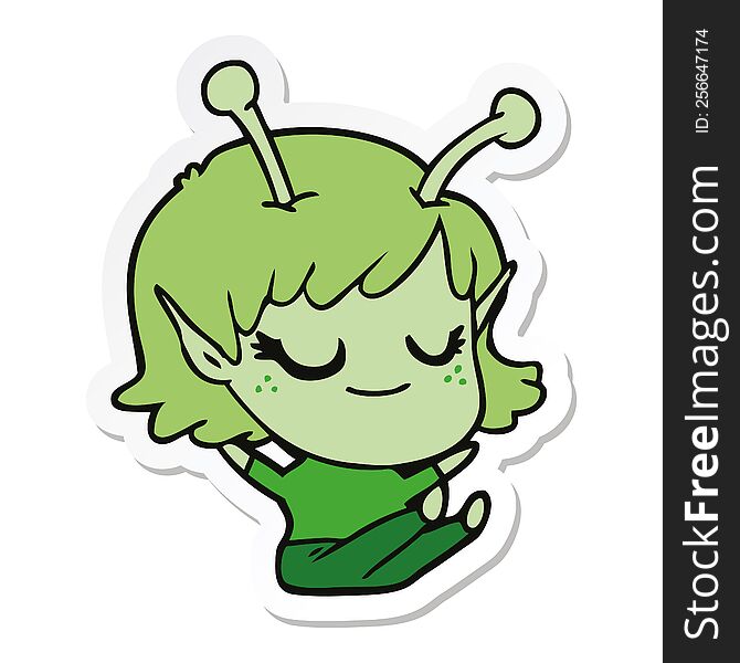 Sticker Of A Smiling Alien Girl Cartoon Sitting