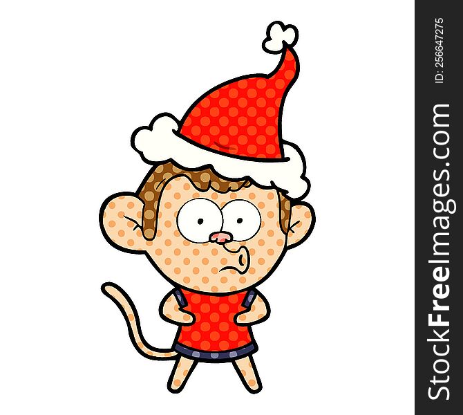 hand drawn comic book style illustration of a surprised monkey wearing santa hat
