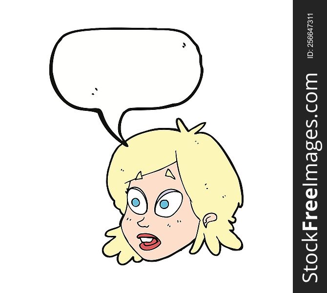 cartoon female face with surprised expression with speech bubble