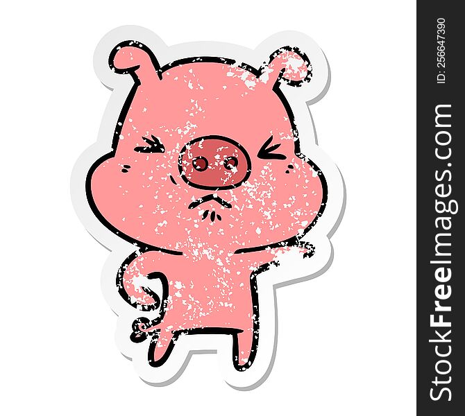 Distressed Sticker Of A Cartoon Angry Pig