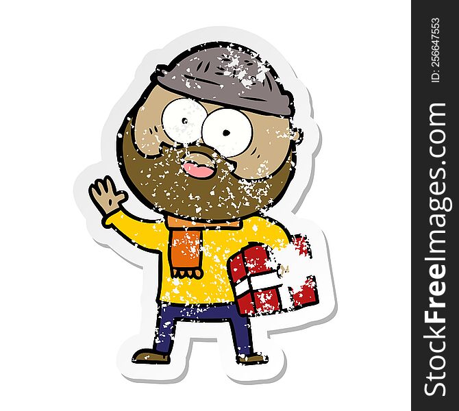 Distressed Sticker Of A Cartoon Bearded Man With Present