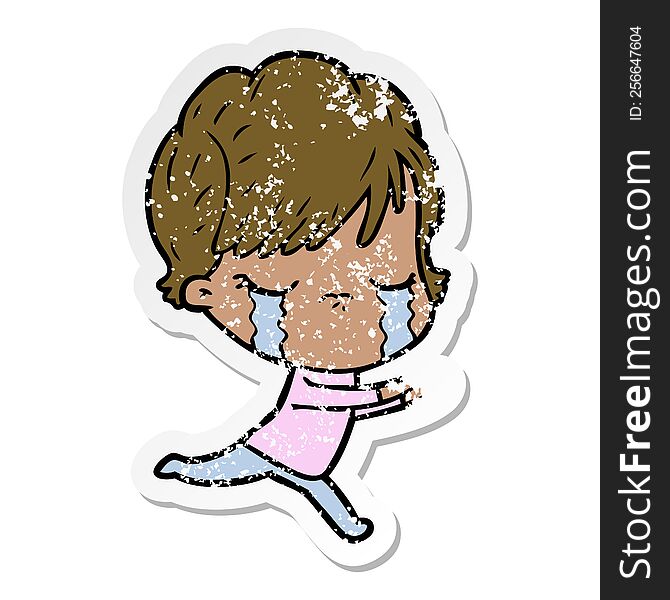 distressed sticker of a cartoon woman crying