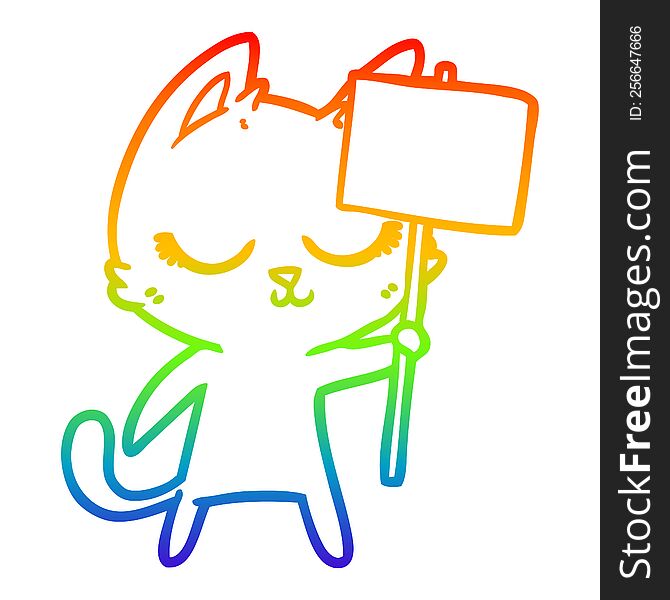 rainbow gradient line drawing of a calm cartoon cat with placard