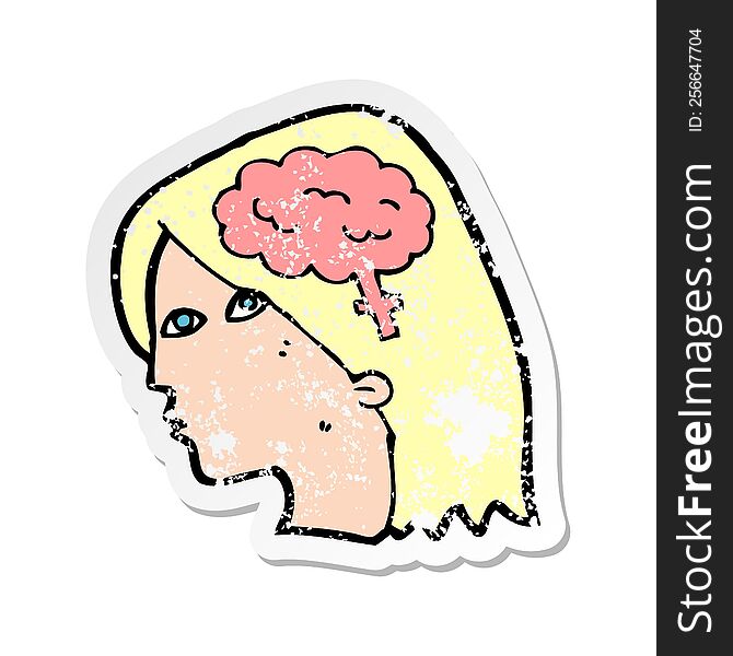 Retro Distressed Sticker Of A Cartoon Female Head With Brain Symbol