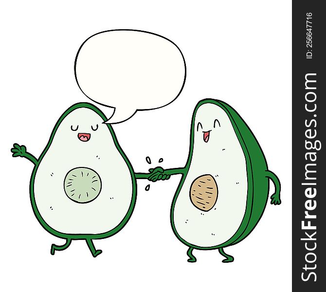 cartoon dancing avocados with speech bubble. cartoon dancing avocados with speech bubble