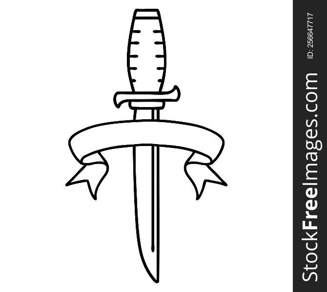 Black Linework Tattoo With Banner Of A Dagger