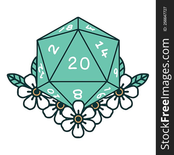 Natural 20 D20 Dice Roll With Floral Elements Illustration