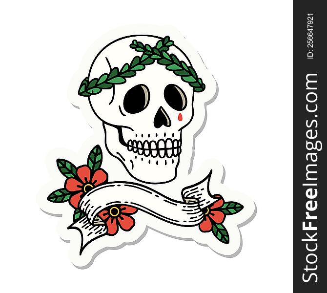 tattoo sticker with banner of a skull with laurel wreath crown