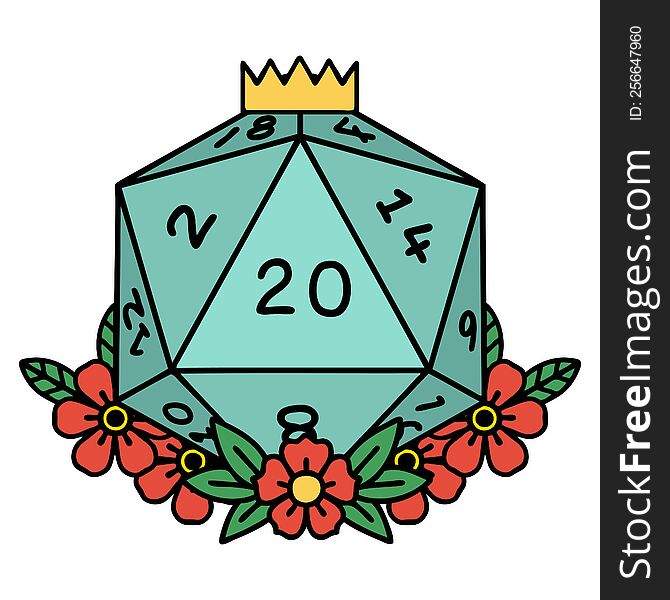 Natural 20 D20 Dice Roll With Floral Elements Illustration