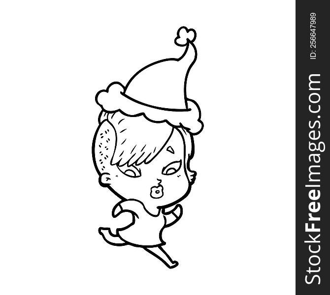 Line Drawing Of A Surprised Girl Wearing Santa Hat