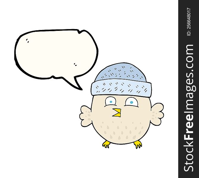 freehand drawn speech bubble cartoon owl wearing hat