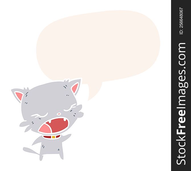 Cute Cartoon Cat Talking And Speech Bubble In Retro Style