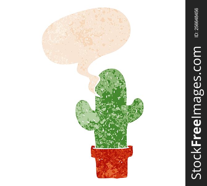 cartoon cactus with speech bubble in grunge distressed retro textured style. cartoon cactus with speech bubble in grunge distressed retro textured style