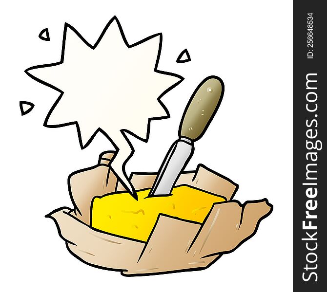 cartoon traditional pat of butter with knife with speech bubble in smooth gradient style. cartoon traditional pat of butter with knife with speech bubble in smooth gradient style
