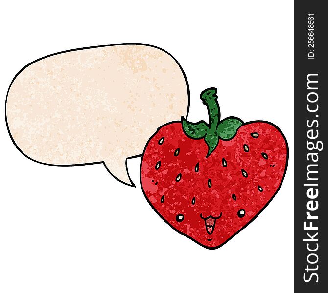 cartoon strawberry with speech bubble in retro texture style