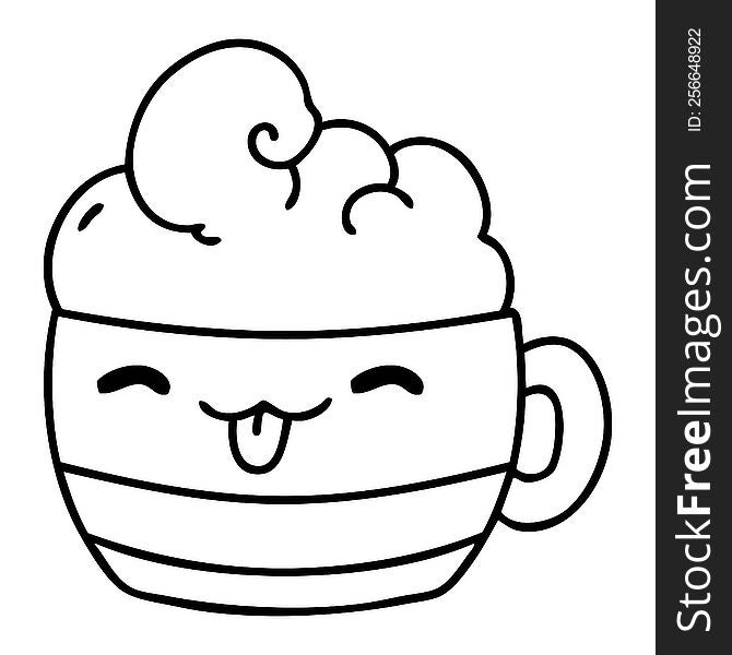 line doodle of a happy cup of coffee with foam. line doodle of a happy cup of coffee with foam