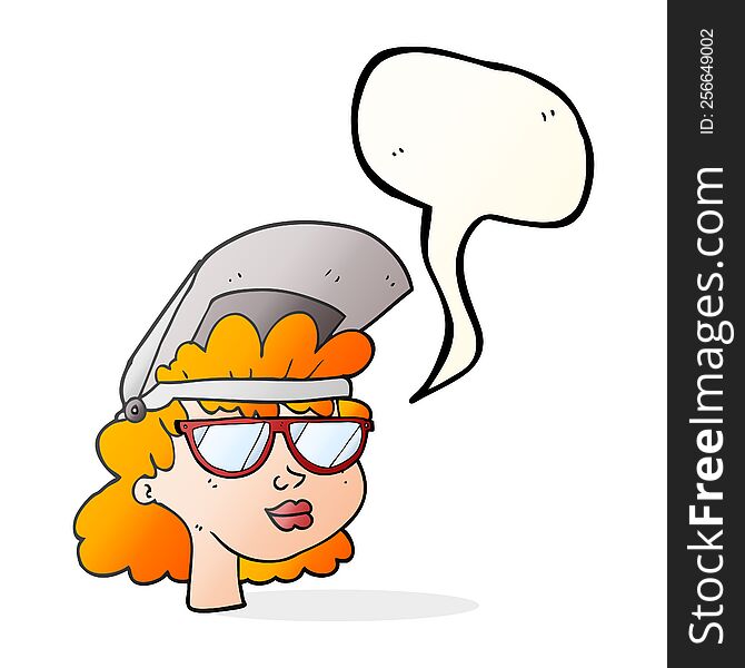 Freehand drawn speech bubble cartoon woman with welding mask and glasses