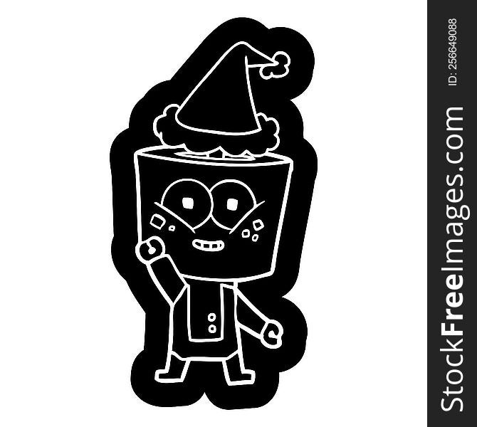 happy quirky cartoon icon of a robot waving hello wearing santa hat