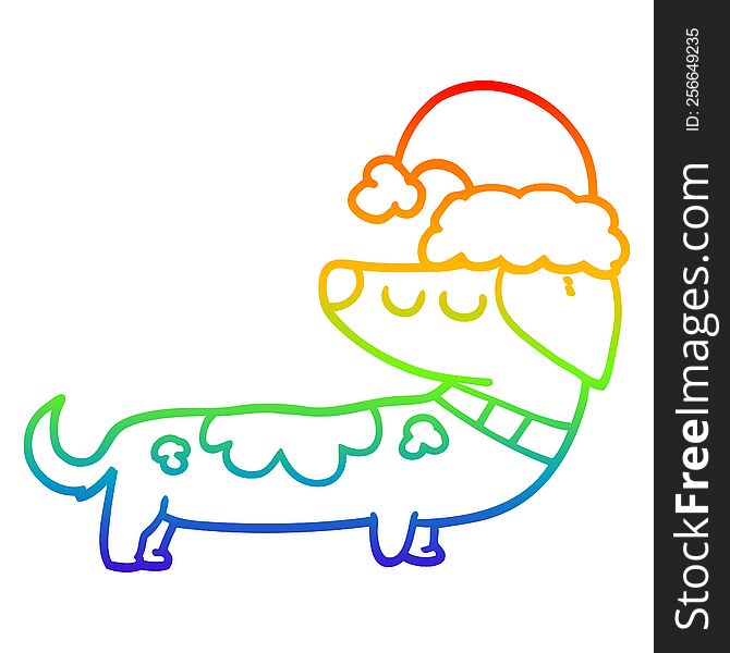 Rainbow Gradient Line Drawing Cartoon Dog Wearing Christmas Hat