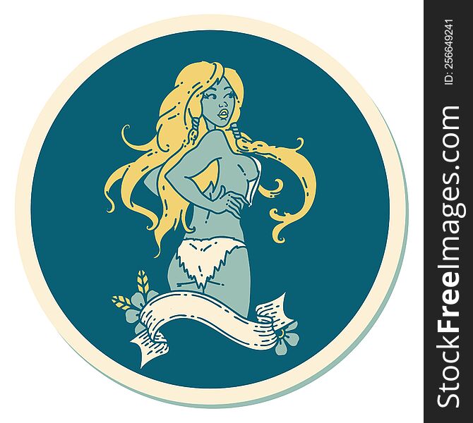 sticker of tattoo in traditional style of a pinup viking girl with banner. sticker of tattoo in traditional style of a pinup viking girl with banner