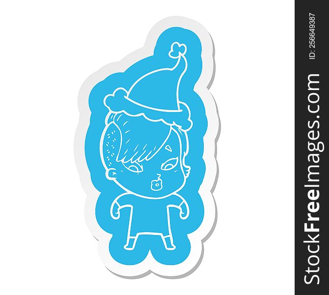 quirky cartoon  sticker of a surprised girl wearing santa hat