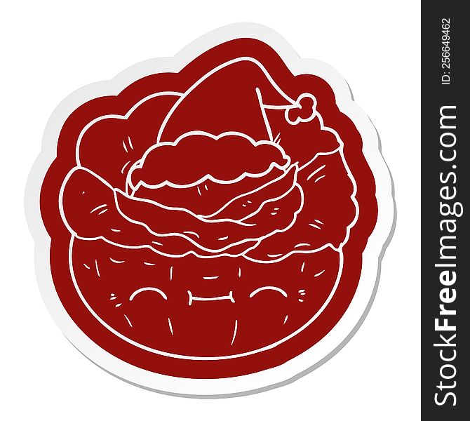 quirky cartoon  sticker of a cabbage wearing santa hat