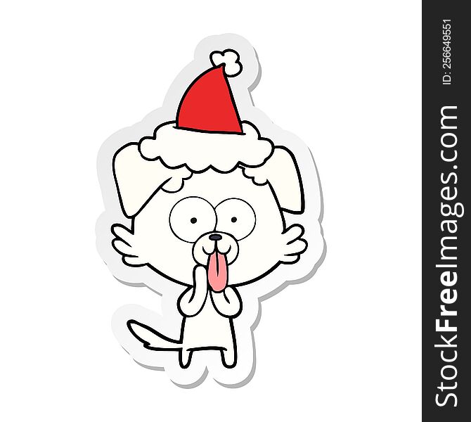 Sticker Cartoon Of A Dog With Tongue Sticking Out Wearing Santa Hat