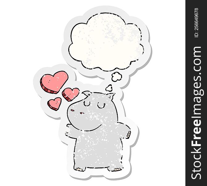 cartoon hippo in love with thought bubble as a distressed worn sticker