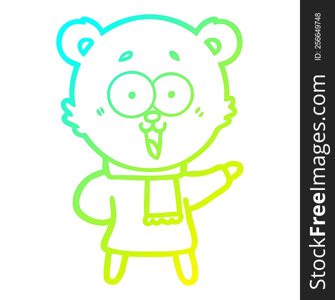 cold gradient line drawing of a laughing teddy  bear cartoon in winter clothes