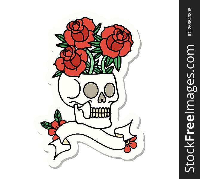 tattoo style sticker with banner of a skull and roses