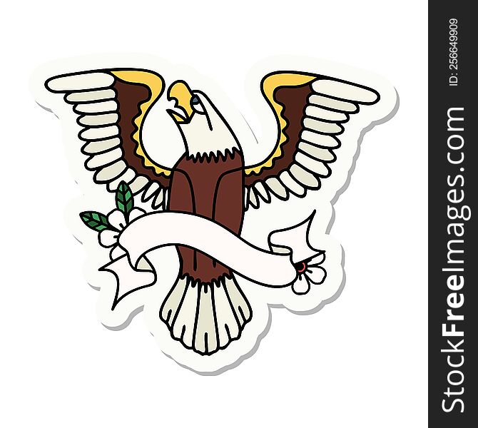 tattoo style sticker with banner of an american eagle