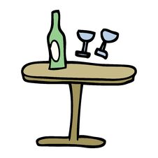 Hand Drawn Doodle Style Cartoon Table With Bottle And Glasses Stock Photography