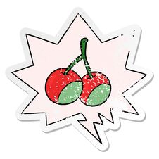 Cartoon Cherries And Speech Bubble Distressed Sticker Stock Image
