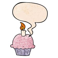 Cartoon Birthday Cupcake And Speech Bubble In Retro Texture Style Stock Photo