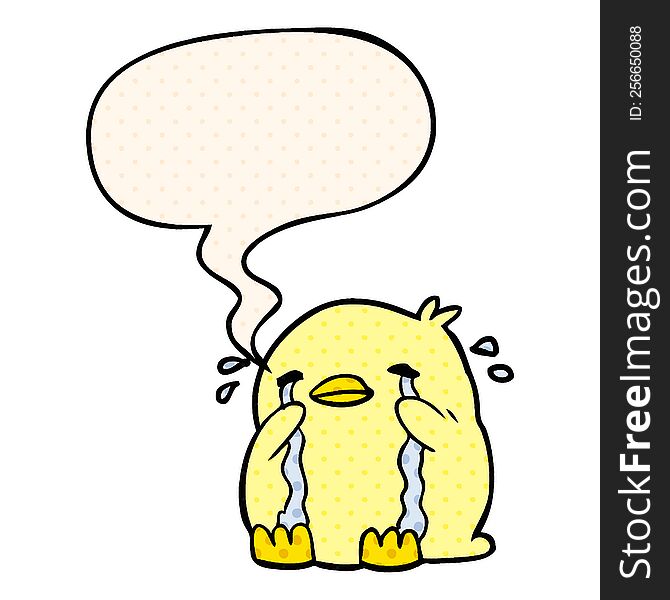 cartoon crying bird with speech bubble in comic book style