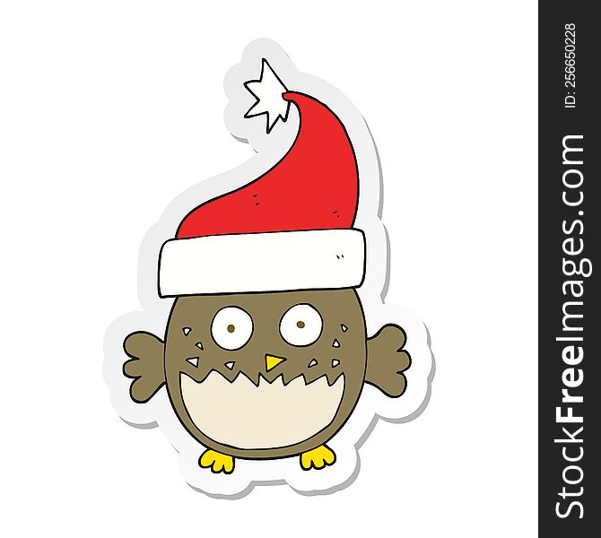 Sticker Of A Cartoon Owl Wearing Christmas Hat