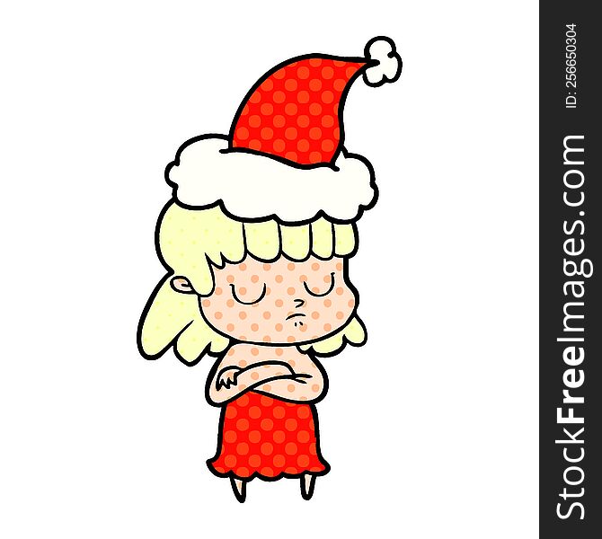 hand drawn comic book style illustration of a indifferent woman wearing santa hat