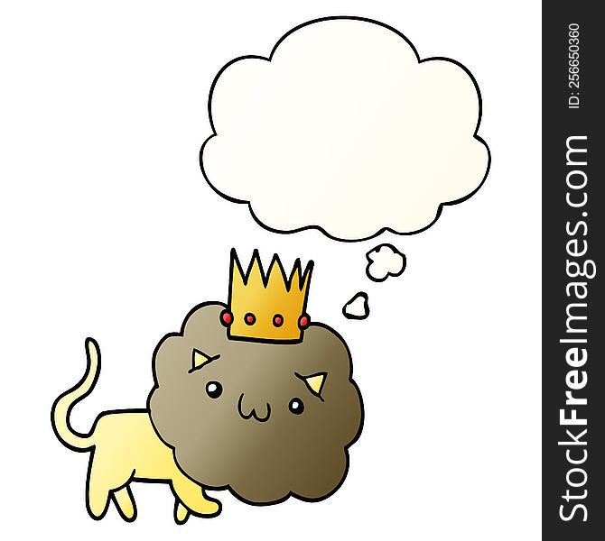 cartoon lion with crown with thought bubble in smooth gradient style